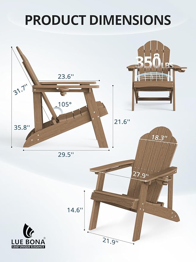 LUE BONA Wood-Grain HDPE Adirondack Chair Set of 1 - Weather Resistant Outdoor Seating with Cup Holder for Cabin, Deck - Photo 3