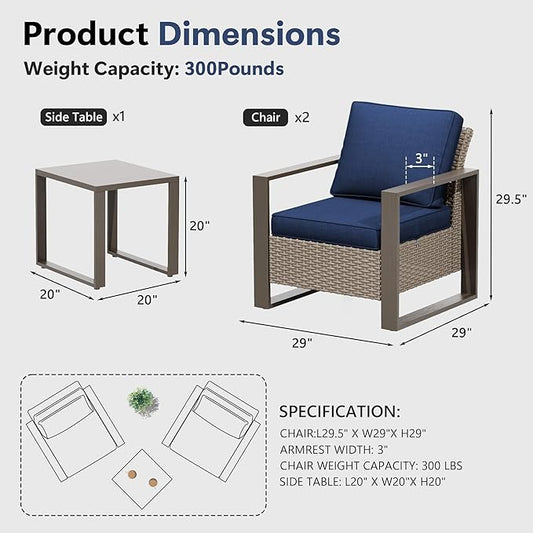 3 Piece Patio Chair Set, Outdoor Wicker Chair and Side Table, Metal Patio Furniture with Deep Seating, Thicken Cushions for Deck, Porch, Yard Use (Blue, 3 PCS/Chairs)