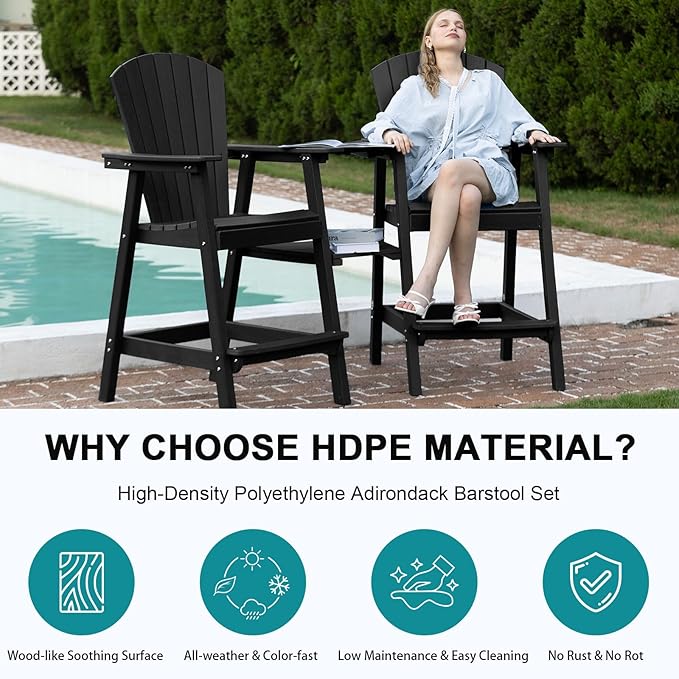 PLUUV Tall Adirondack Chairs Set of 2 High Back Adirondack barstools with Removable Connecting Tray, HDPE Height Adirondack Barstools, High Patio Chairs for Balcony, Lawn, Deck, Backyard - Black