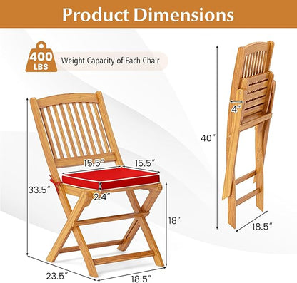 Tangkula 2 Pieces Folding Outdoor Dining Chairs, Acacia Wood Patio Chairs with Soft Cushions, Slatted Backrests and Seats, Outdoor Chairs for Porch, Balcony, Deck and Yard (One-Size,Red,2)