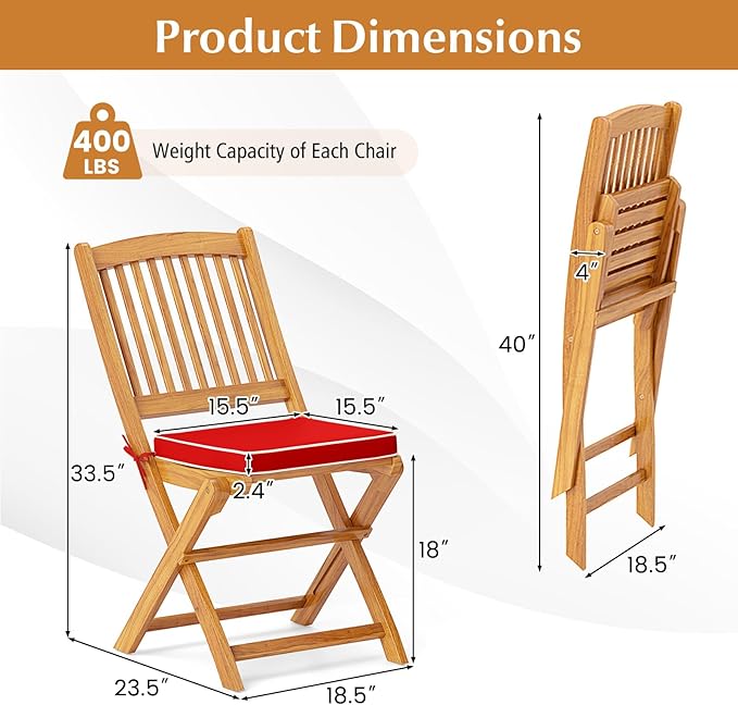 Tangkula 4 Pieces Folding Outdoor Dining Chairs, Acacia Wood Patio Chairs with Soft Cushions, Slatted Backrests and Seats, Outdoor Chairs for Porch, Balcony, Deck and Yard (4, Red, One-Size)