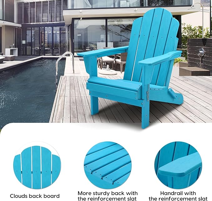 Folding Adirondack Chair, Outdoor Patio Chair Lawn Chair,Weather Resistant for Patio Deck Garden, Backyard, Bonfire& Lawn Furniture Lawn Seating（Blue）