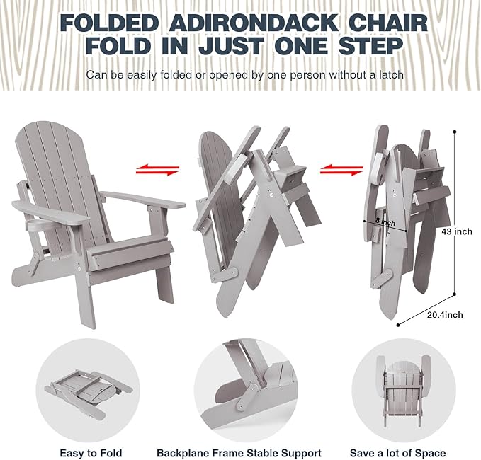 Folding Adirondack Chair, All Weather Resistant Plastic Chairs with Cup Holder, Fold or Unfold Easily in 1 Second, Outdoor Chairs for Patio, Garden, Backyard Deck, Lawn Fire Pit(Grey)