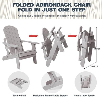 Folding Adirondack Chairs Set of 2, All Weather Resistant Plastic Chairs with Cup Holder, Fold or Unfold Easily in 1 Second, Outdoor Chairs for Patio, Garden, Backyard Deck, Lawn, Fire Pit(Grey)