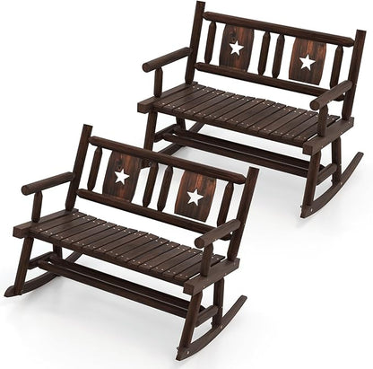 Tangkula Patio Rocking Bench, Carbonized Wood Double Rocker Chair with Ergonomic Seat, 2-Person Solid Wood Rocking Loveseat for Backyard, Porch, Garden, Rustic Farmhouse Style (2, Rustic Brown)