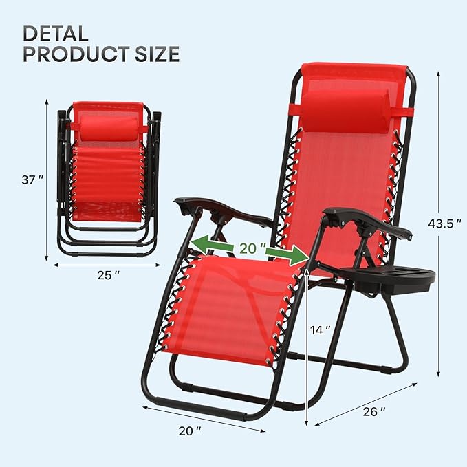 AthAthena Collection Zero Gravity Chair, Outdoor Lounge Chair with Adjustable Pillow and Cup Holder, Reclining Camping Chair for Outside Beach Lawn Garden Patio Poolside - Red