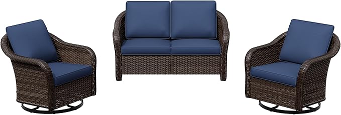 3 Pieces Patio Conversation Set, 55" Sofa with Washable Cushions, Wicker 360 Degree Swivel Glider Rocker Chairs - Photo 7