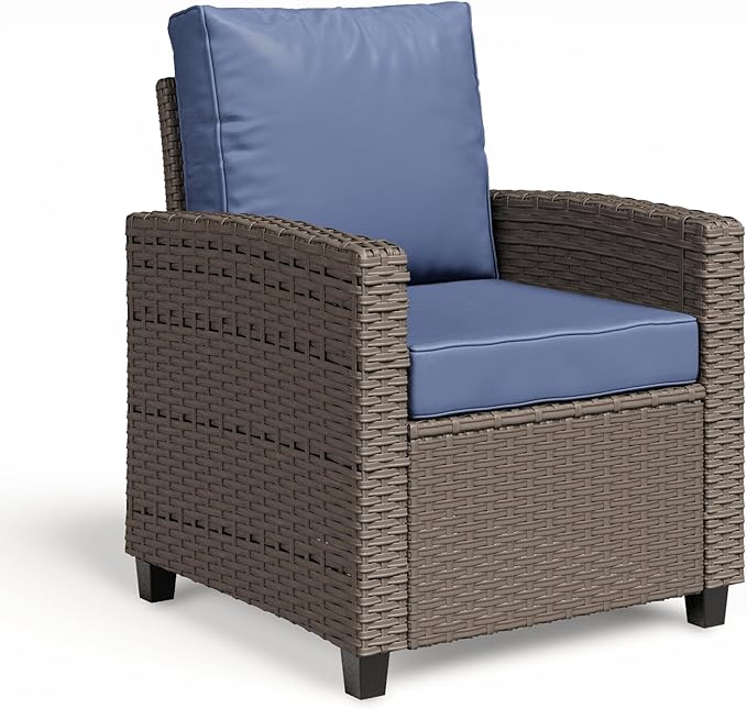 2 Pieces Patio Furniture Set, Outdoor Wicker Chairs Set of 2, All Weather High Back Rattan Chairs, Seating Club Chair Porch Chairs Set with Cushions for Balcony Porch Deck, Blue