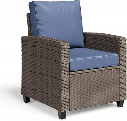 2 Pieces Patio Furniture Set, Outdoor Wicker Chairs Set of 2, All Weather High Back Rattan Chairs, Seating Club Chair Porch Chairs Set with Cushions for Balcony Porch Deck, Blue
