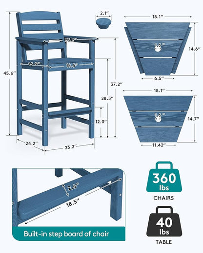 SERWALL Tall Adirondack Chairs Set of 2 with Connecting Table, Blue
