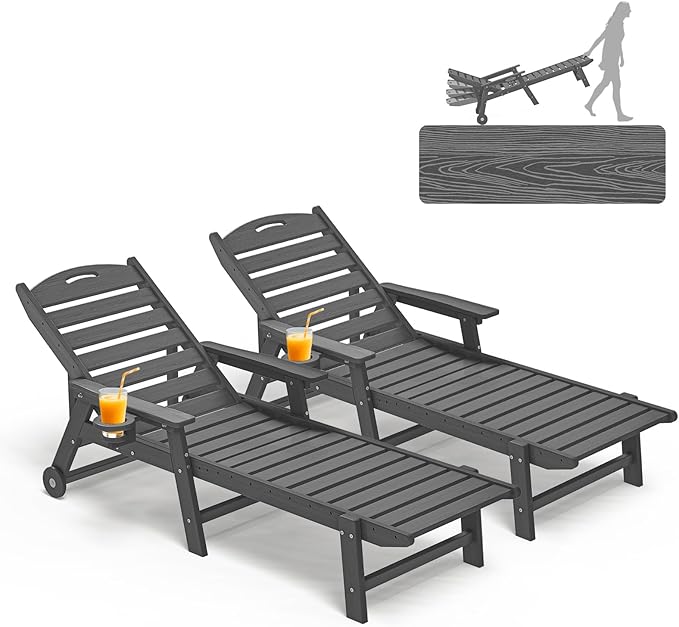Plawdlik Oversized Patio Chaise Lounge Set of 2, 5 Positions Adjustable HDPE Outdoor Lounge Chair with Rolling Wheels & Cup Holder,All-Weather for Poolside, Beach, Garden - Gray