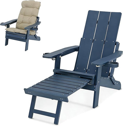 Mega Casa Poly Lumber Adirondack Chair with Cup Holders, Ottoman and Cushion, Adjustable Backrest, All-Weather Resistant HIPS Material, Wood-Like Pattern, Heavy Duty 700 LBS (Navy Blue)