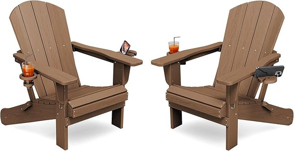 KINGYES Folding Adirondack Chair Set of 2, Dual Cup Holders & All-Weather HDPE, Wood-Like Patio Chair for Backyard - Photo 1