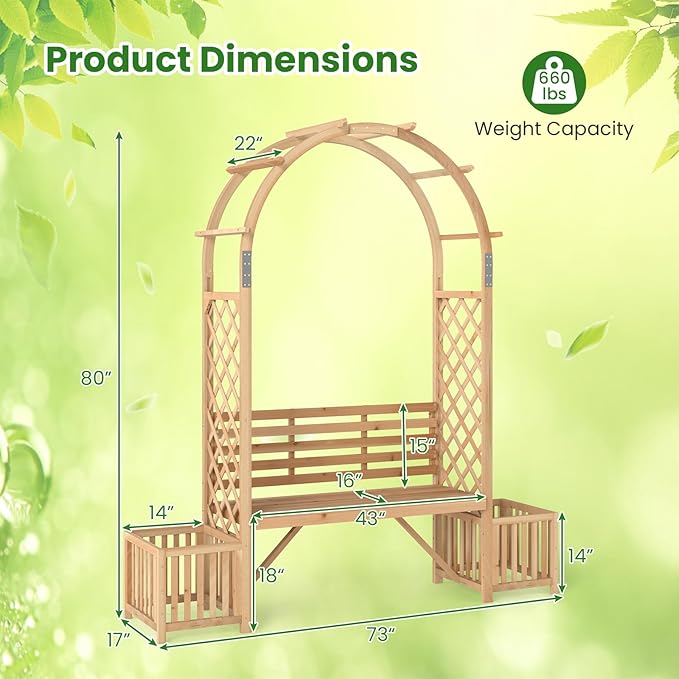 Giantex Outdoor Bench with Garden Arch & Planters, Wooden Pergola Archway, Outdoor Trellis for Climbing Plants - Photo 3
