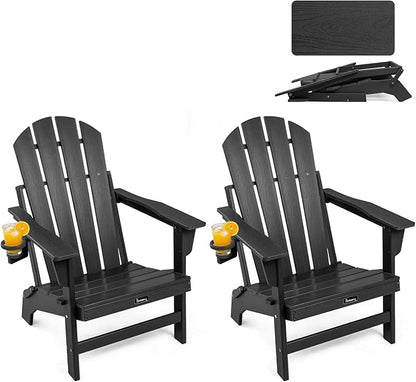 FUNBERRY Folding Adirondack Chairs Set of 2, HDPE Stable Gun-Leg Design Fire Pit Chairs with Cupholder All Weather for Outside