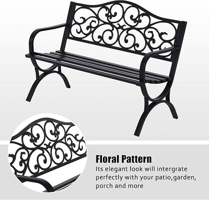 MFSTUDIO Outdoor Metal Bench Set of 2, 50 Inches Outdoor Garden Bench, Cast Iron Metal Frame Patio Park Bench with Floral Pattern Backrest, Arch Legs for Porch Lawn Yard, Black