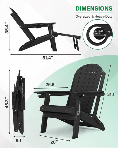 YEFU Folding Adirondack Chairs with Ottoman: Adjustable Backrest & 1 Cup Holders - HDEP Plastic Multifunctional Adirondack Chair with Footrest - All Weather for Outdoor/Patio/Fire Pit/Pool(Black)
