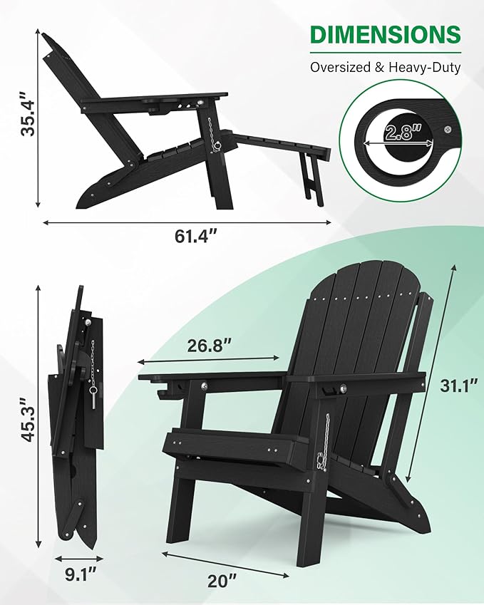 YEFU Adirondack Chair with Retractable Ottoman: Adjustable Folding Adirondack Chairs with Cup Holder - Sturdy HDPE Plastic Fire Pit Chairs Set of 6 - All Weather for Outdoor/Patio/Pool/Deck(Black)