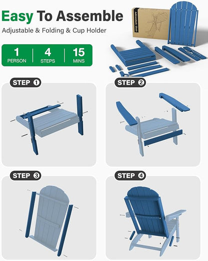 YEFU Adirondack Chairs Set of 6 for Outdoor: Folding Plastic Fire Pit Chair with Cup Holder & Adjustable Backrest - Sturdy All Weather HDPE for Patio Pool Lawn