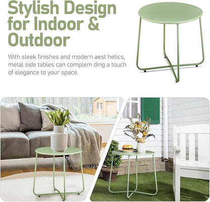 Outvita Indoor and Outdoor Side Table, Small Patio Side Table, Metal Round Portable Waterproof Weather Resistant End Table for Patio, Garden, Balcony, Yard,Sage Green