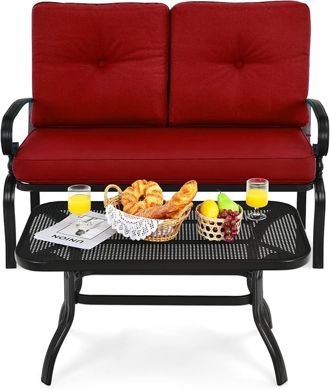 Giantex Patio Loveseat with Coffee Table Outdoor Bench with Cushion and Metal Frame, Loveseat Porch Furniture Set Sofa for Garden, Yard, Patio or Poolside (Deep Red & Black)