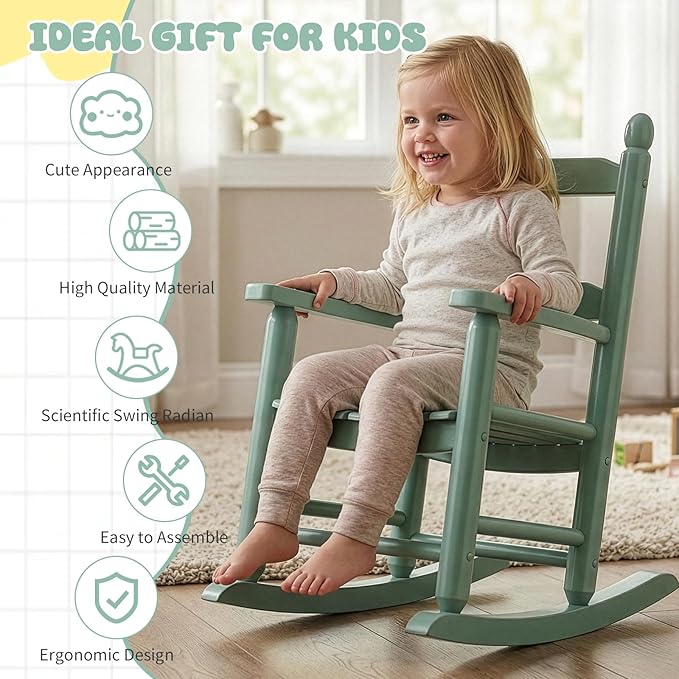 Outvita Kids Rocking Chair, Ergonomic Sturdy Toddler Rocking Chair with High Backrest & Rounded Armrests, Safe Solid Wood Baby Rocker Chair for Age 3-6, Outdoor, Living Room, Reading Room(Green)