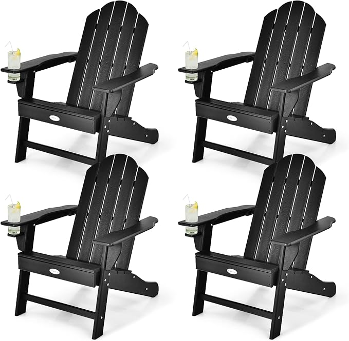 Tangkula Adirondack Chair Outdoor, Fade Resistant HDPE Armchairs with Cup Holder, Weather Resistant Lounger Chairs for Patio Garden Backyard Deck, Lawn Porch Seating, Adirondack Lounger (4, Black)
