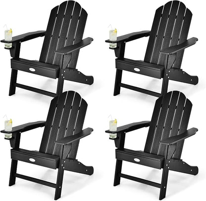 Tangkula Adirondack Chair Outdoor, Fade Resistant HDPE Armchairs with Cup Holder, Weather Resistant Lounger Chairs for Patio Garden Backyard Deck, Lawn Porch Seating, Adirondack Lounger (4, Black)