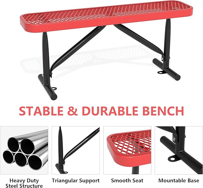 4 Feet Outdoor Steel Bench, Red Heavy Duty Metal Park Bench for Outside, Weatherproof Dock Bench, 48" L Commercial Benches Mesh Bench for Shopping Mall, Store, Lawn, Park, Patio, Deck, Garden