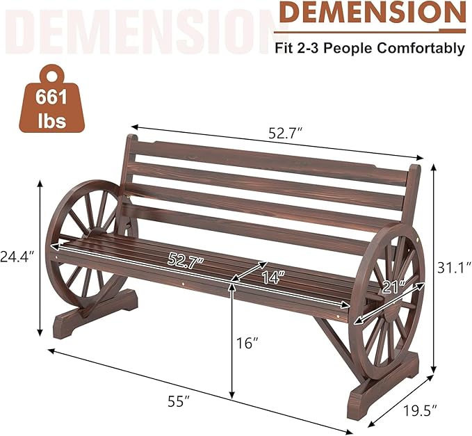 MOTION Outdoor Wagon Wheel Bench - 55 Inches Wooden Garden Bench with Slatted Backrest and Carbonized Finish, 2-Person Seat Outdoor Bench for Garden Porch Yard Patio, Rustic Brown