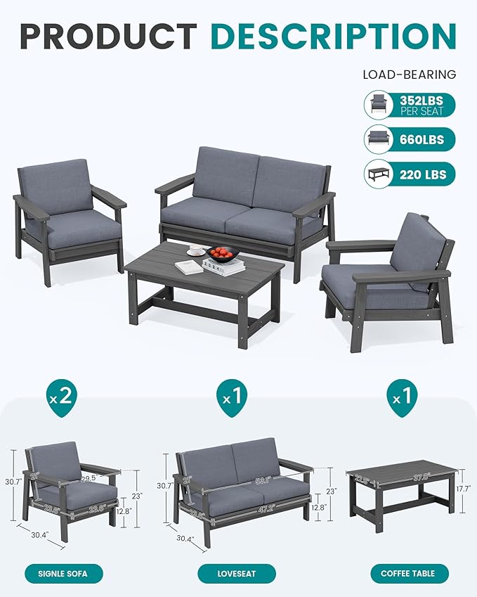 SERWALL 4 Piece HDPE Outdoor Furniture Set, All Weather Wood-Like Outdoor Sofa Sectional Couch - Photo 2