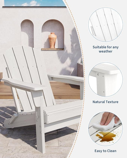 GarveeLife Folding Adirondack Chairs Set of 6, HDPE Plastic Outdoor Chairs with Wood Texture - 380 LBS & Weather Resistant for Fire Pit, Deck, Patio, Pool, Backyard - White