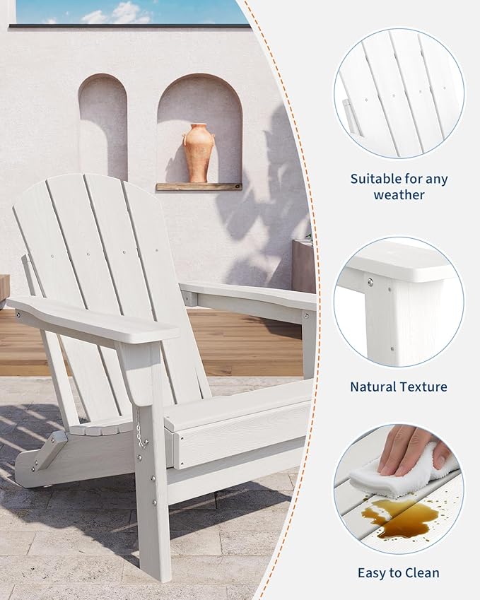 GarveeLife Folding Adirondack Chairs Set of 2, HDPE Plastic Outdoor Chairs with Wood Texture - 380 LBS & Weather Resistant for Fire Pit, Deck, Patio, Pool, Backyard - White