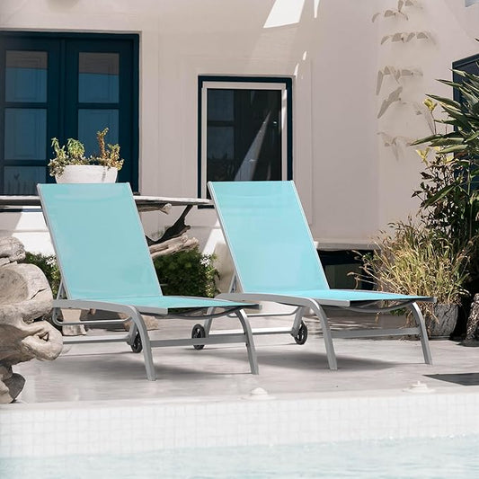 Domi Pool Lounge Chairs Set of 2, Adjustable Aluminum Outdoor Chaise Lounge with Wheels Patio Lounge Chairs, All Weather for Deck Lawn Poolside Backyard-Turquoise Blue Textilene