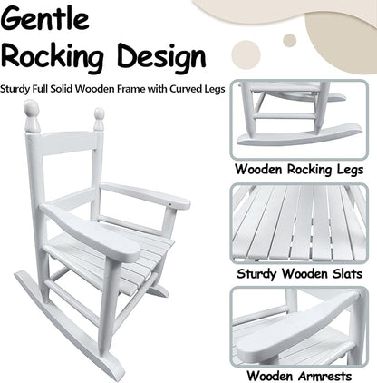 Toddler Rocking Chair for Kids Age 2-5, Hardwood Porch Rocker with Back Support & Armrest for Small Spaces Living Room Outdoor Garden, Easy Assembly (White)