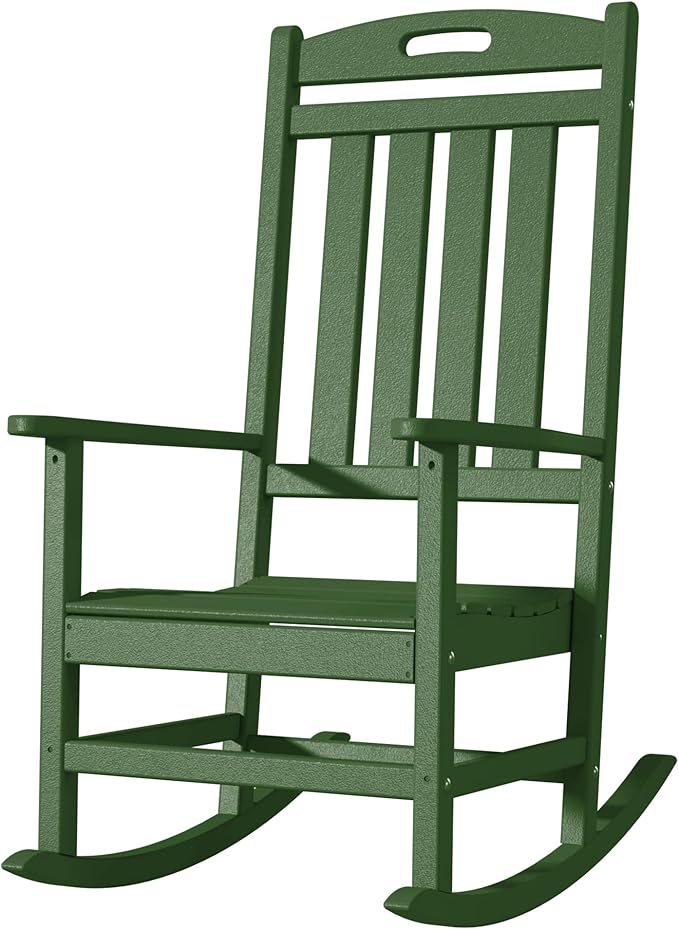 Outdoor Rocking Chair, All-Weather Resistant Poly Lumber Rocker Chair Outdoor, High Back Plastic Patio Rocking Chairs for Outside Porch Rocker Garden Lawn, Dark Green