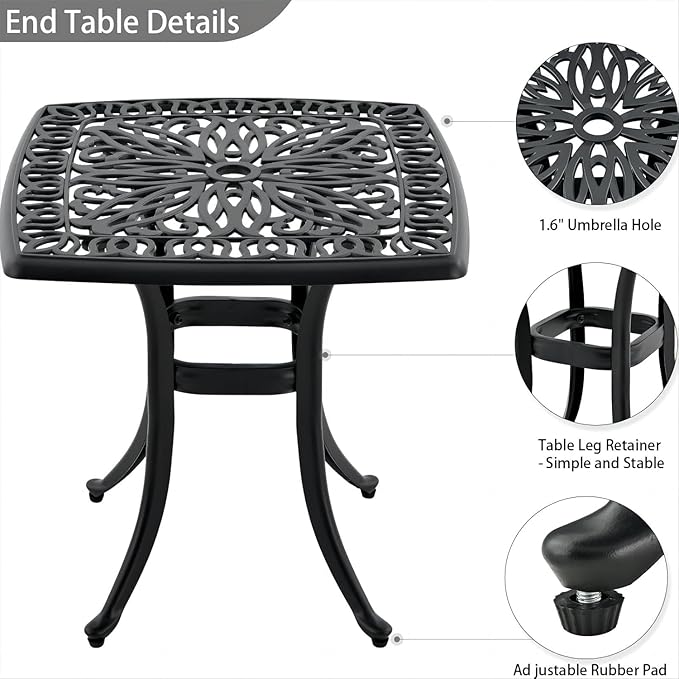 Outdoor 21" Cast Aluminum Square Side Table Set of 2 End Table for Patio, Backyard, Pool, Indoor Companion, Easy Maintenance and Weather Resistant, Black