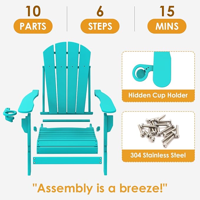 IVY&LANE Folding-Adirondack-Chairs-Set-of-4 | HDPE Plastic | Outdoor Fire Pit Chair with Cup Holder | Aqua | Poly | Weather Resistant | for Patio Deck Poolside Garden Beach