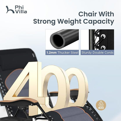 PHI VILLA XXL Oversized Padded Zero Gravity Chair Set of 2, Foldable Patio Recliner, 30" Wide Seat Anti Gravity Lounger with Armrest and Cup Holder, Support 400 LBS (Black & Orange Accents)