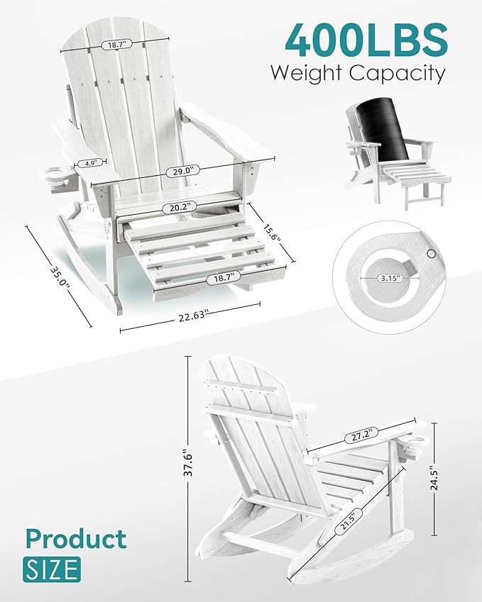 Adjustable Adirondack Rocking Chair with Retractable Ottoman, 4-in-1 Multifunctional Folding Patio Chair with Cup Holder, Outdoor Chair Wood Texture for Lawn,Porch, Backyard,Pool(White)