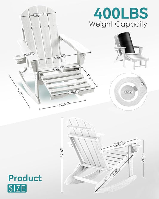 Adjustable Adirondack Rocking Chair with Retractable Ottoman, 4-in-1 Multifunctional Folding Patio Chair with Cup Holder, Outdoor Chair Wood Texture for Lawn,Porch, Backyard,Pool(White)