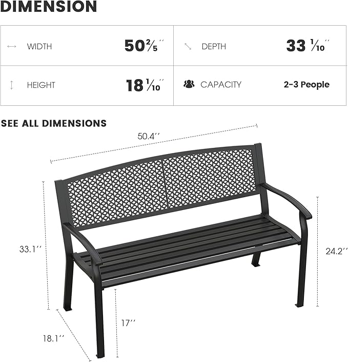 Outdoor Bench, 50 inches Metal Garden Bench, Cast Iron Steel Frame Patio Chairs w/Oval Pattern Backrest for Park, Yard, Porch, Lawn, Balcony, Backyard, Black