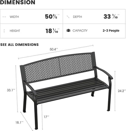 Outdoor Bench, 50 inches Metal Garden Bench, Cast Iron Steel Frame Patio Chairs w/Oval Pattern Backrest for Park, Yard, Porch, Lawn, Balcony, Backyard, Black