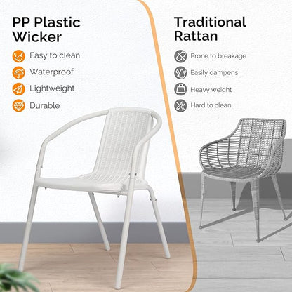 VINGLI PE Rattan Outdoor Dining Chairs Set of 2, Plastic Stackable Patio Chairs for Indoor, Porch, Restaurant, Garden, White