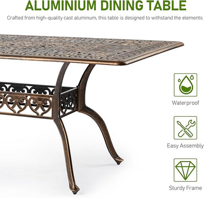 VINGLI 8-Person Outdoor Dining Table, Metal Dining Table with Umbrella Hole Cast Aluminum Patio Table, Rectangle Table Outdoor Furniture Garden Table (87”Lx42W”x28.5”H)