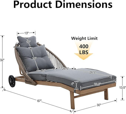 Patio Chaise Lounge Chairs Set of 2, Oversized Lounge Chair Outdoor with Cushions, Pool Lounger Chairs with Wheels, All Weather Wicker Outdoor Chaise Lounge Chairs for Outside/Deck, Grey