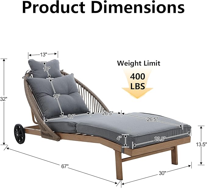 Patio Chaise Lounge Chairs, Oversized Lounge Chair Outdoor with Cushions, Patio Lounger Chairs with Wheels, All Weather Pool Chairs, Wicker Outdoor Chaise Lounge Chairs for Outside/Deck, Grey
