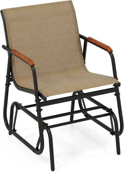 Tangkula Patio Glider Chair, Swing Gliding Armchair w/Curved Teak Armrests & Breathable Fabric Seat, Outdoor Metal Frame Rocking Chair Set for Porch, Backyard, Poolside (1 Pack)