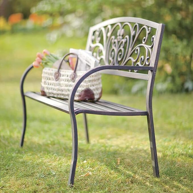 Outdoor Bench, Rust-Proof Cast Iron Park Bench, Hold 485 lbs Heavy-Duty Metal, 50" x 21" x 35", Bronze