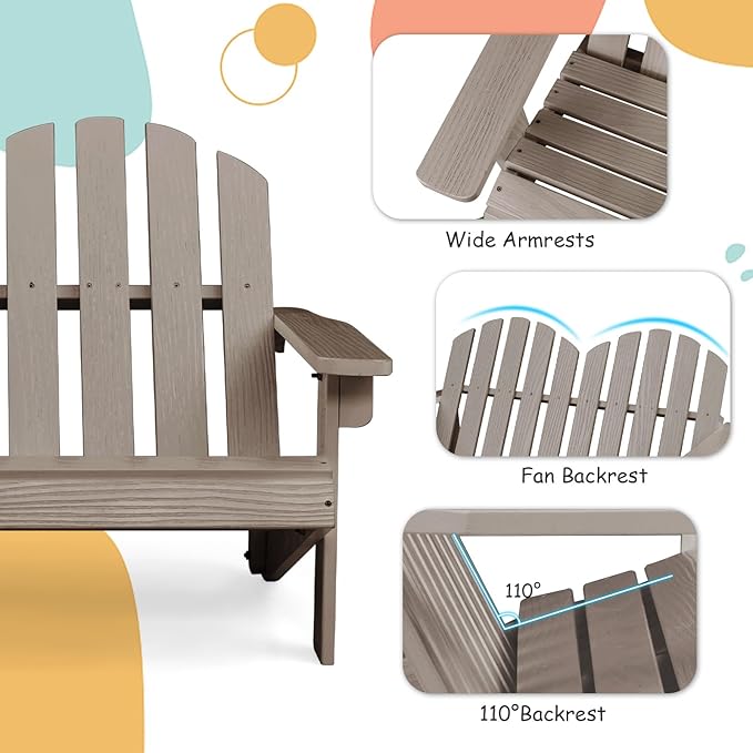Giantex Kids Adirondack Chair 2-Seat - Children's Outdoor Chair with High Backrest, Arm Rest, 300 Lbs Capacity, Wood Double Loveseat, Porch Chair for Yard, Poolside (1, Khaki Grey)
